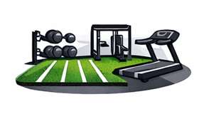 Open gym layout with turf sections between equipment